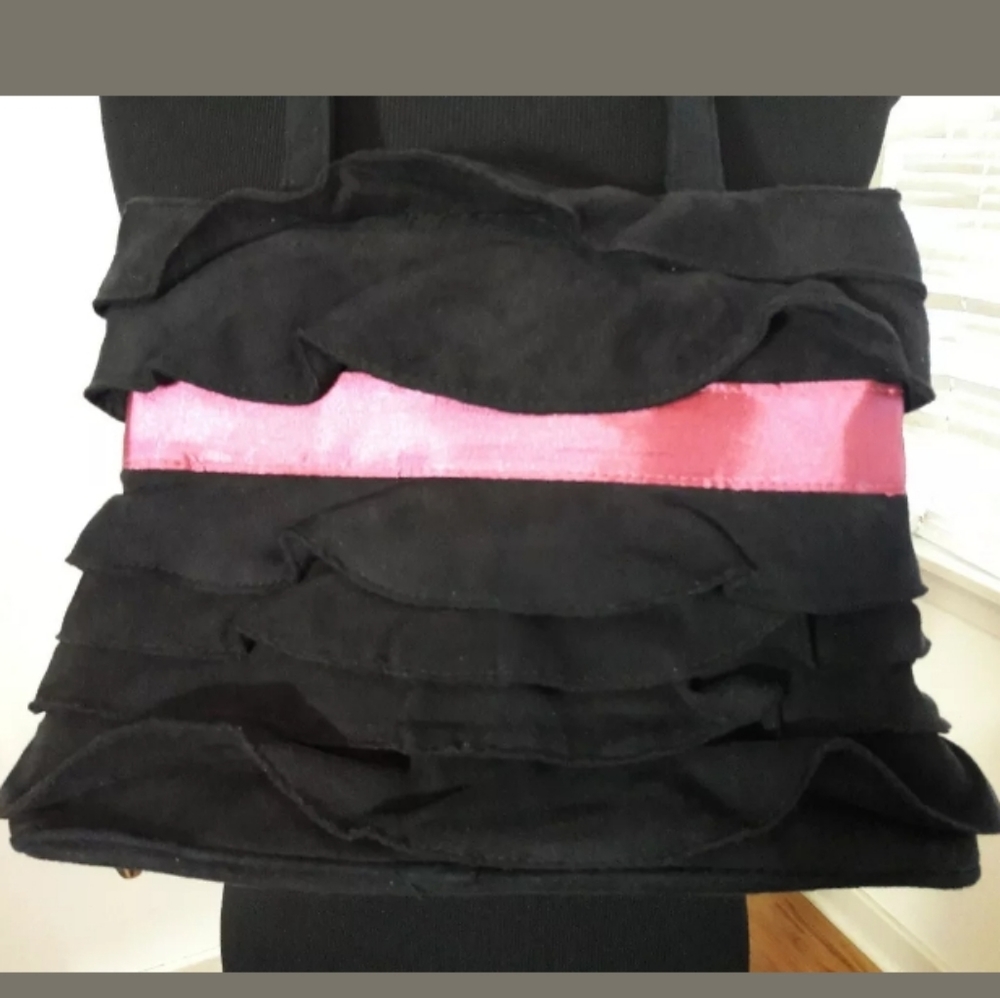 Jazza Black Faux Suede Ruffled Tote Shoulder Bag - Picture 3 of 8